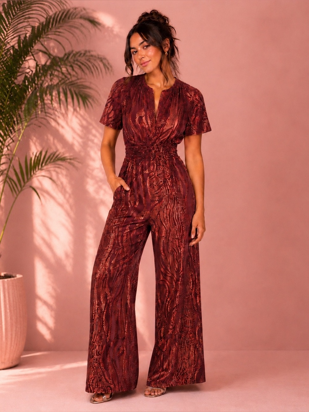 Anthropologie Burgundy Boho The Somerset Jumpsuit: Velvet Burnout Edition XS